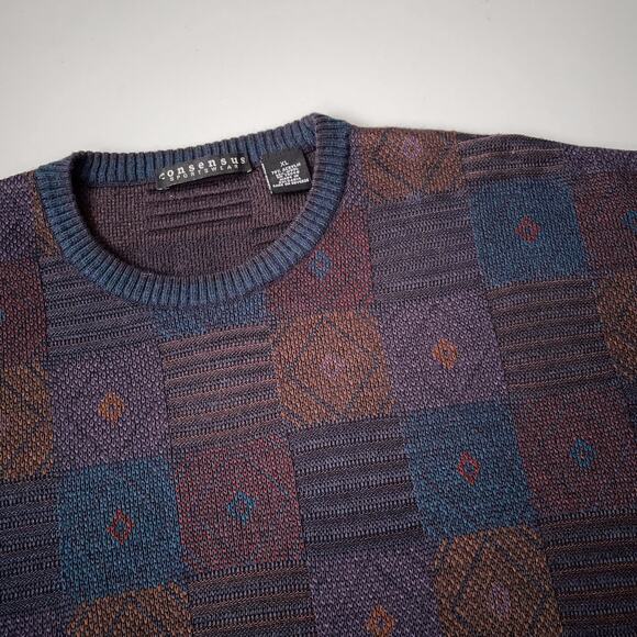 Wool Blend 90s Dark Academia Grandpa Sweater Artsy Geometric Jacquard Knit XL - Picture 4 of 10